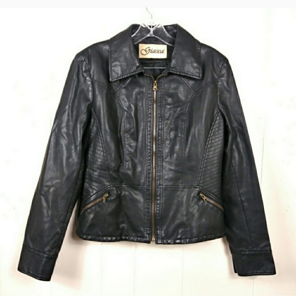Giacca Faux Leather Biker Style Jacket Black Med